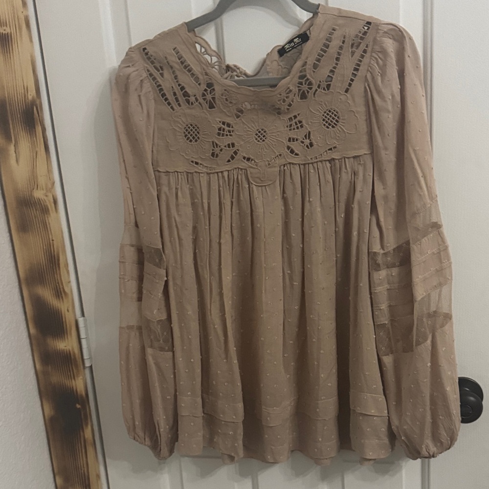 Miss Me Taupe Crochet Detail Blouse